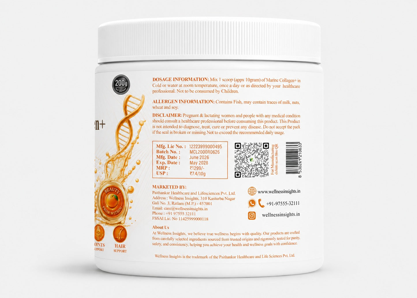 Wellness Insights Marine Collagen+ Orange Flavor | 200g