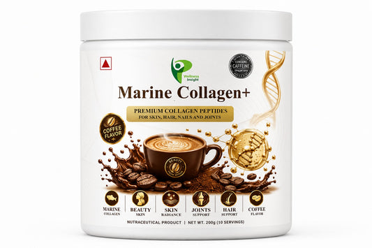 Wellness Insights Marine Collagen+ Coffee Flavor | Premium Marine Collagen Peptides | Skin, Hair, Nails & Joint Support | Contains 28mg Caffeine | 200g