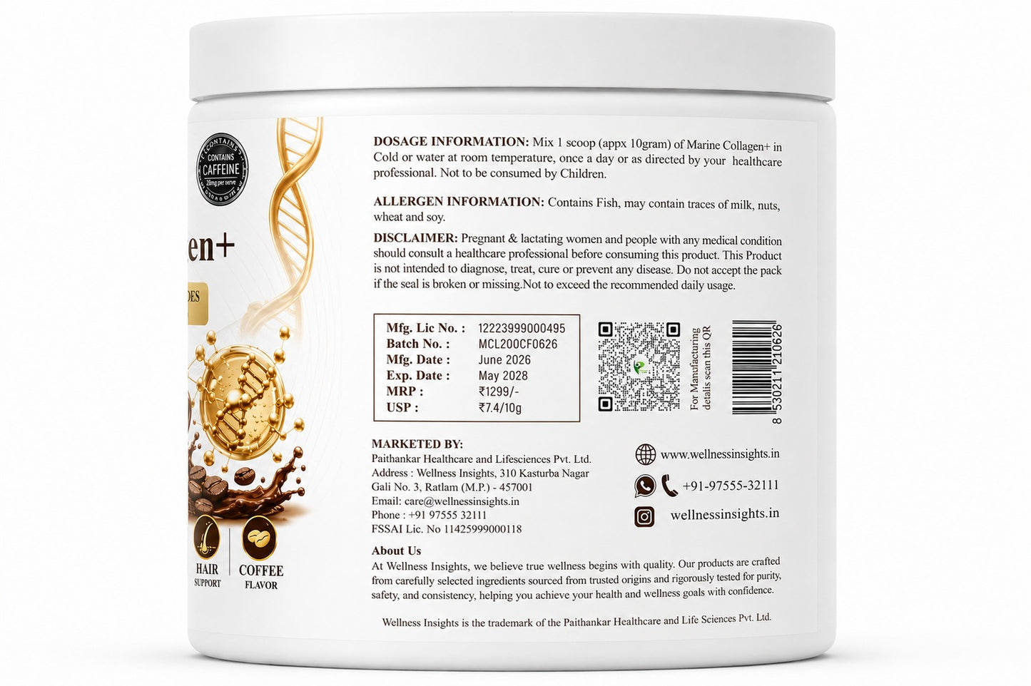 Wellness Insights Marine Collagen+ Coffee Flavor | Contains 28mg Caffeine | 200g