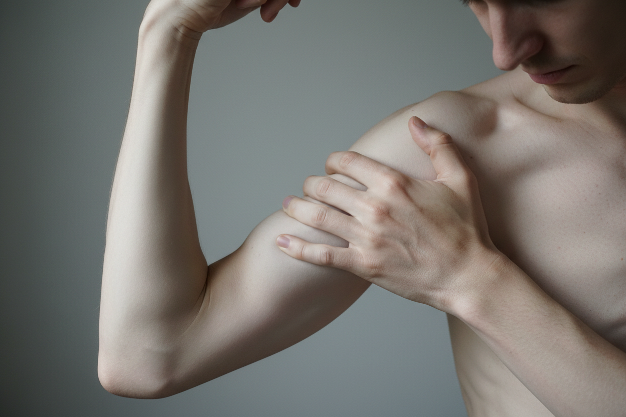 sad thin male hand showing biceps
